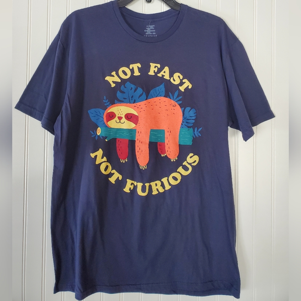 Navy Sloth Graphic Tee - "Not Fast Not Furious" Sz L PTP 22"